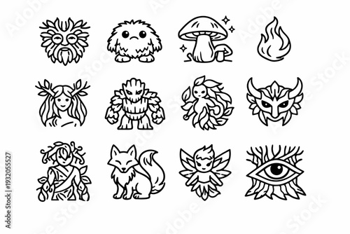Forest Spirits. Line icon set of Forest Spirits: tree spirit face, moss creature, glowing mushroom, will o wisp, dryad figure, bark golem, leaf elemental,