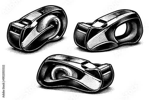 Tape Dispenser ? compact handheld tape dispenser with ergonomic grip. Black and white dot style with halftone texture and high contrast. Halftone texture with