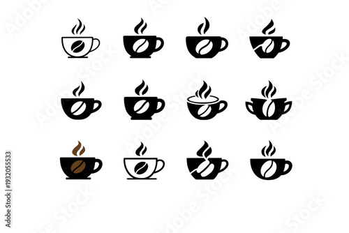 Hot beverages (tea, coffee, cocoa). Icon set. Set Logo of hot beverages (tea, coffee, cocoa): coffee cup with bean. harmonious logo variations of the same