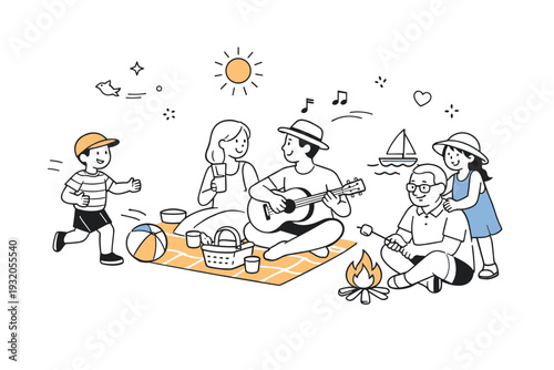 Summer holiday family time. A warm editorial scene of people spending time together outdoors during vacation. Friendly interaction, easy smiles, simple