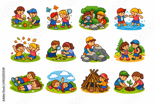 Kids Nature Play. Colorful isometric vector icons set of Kids Nature Play: children picking flowers, kids chasing butterflies, children exploring forest, kids