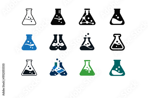 Science lab. Icon set. Set Logo of Science lab: laboratory flask. harmonious logo variations of the same emblematic concept, each with different artistic