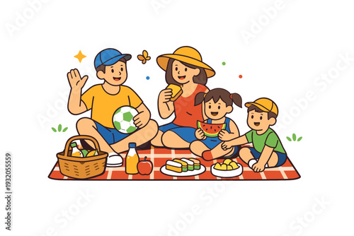 People characters illustrated as a family enjoying a picnic in the park with playful gestures and small props like a ball and blanket, evoking warmth, bonding,