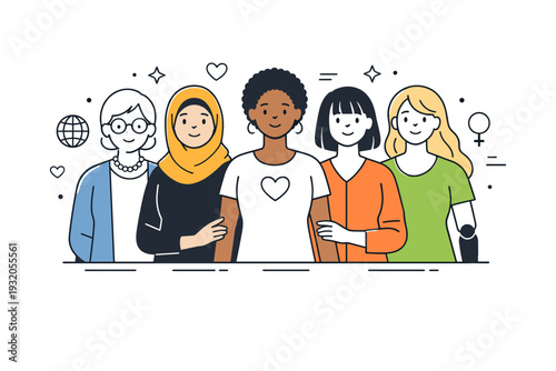Diversity and inclusion. Women of different ages and backgrounds standing side by side, calm harmony and respect. Inclusive message and shared values feeling.