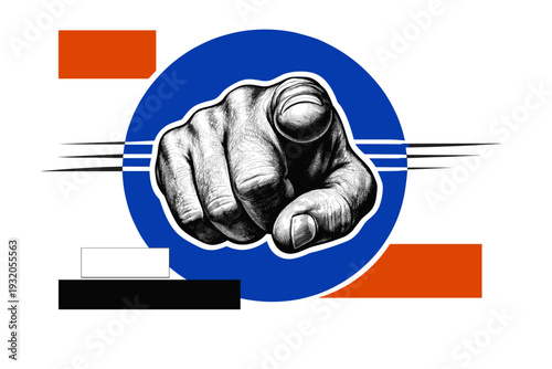 Black and white retro-style realistic hand pointing forward, dramatic perspective with extended index finger, thin white cut-out outline, layered over a bold