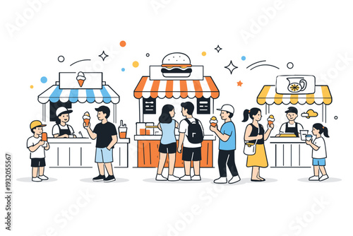 Food stalls and fun. People browsing colorful food stalls and enjoying summer treats, capturing lively festival interaction. Cheerful, casual mood with
