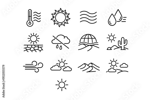 Desert Climate. Line icon set of Desert Climate: extreme heat, blazing sun, heat waves, dry air, temperature gauge, sun exposure, drought symbol, no rain
