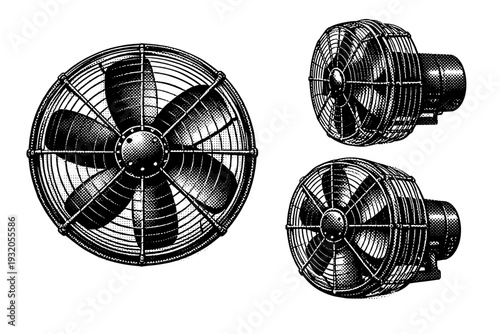 Industrial fan metal cage unit. A realistic industrial fan with a circular metal cage and visible blades is shown as a single object presented in three