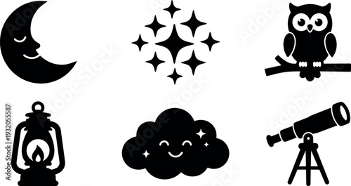 Flat design night icon set showing smiling moon stars owl lantern cloud and telescope in simple black silhouettes vector collection