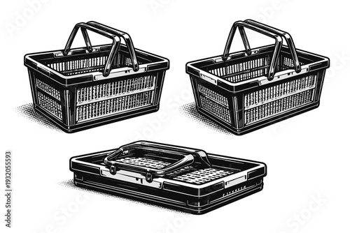 Shopping Basket ? collapsible basket. A collapsible shopping basket with hinged sides and structured base, represented as the same basket displayed in three