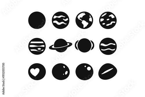 Planets. Solid icon set of Planets: mercury, venus, earth, mars, jupiter, saturn, uranus, neptune, pluto, ceres, eris, haumea. Filled icons set in only black
