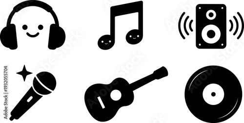 Flat design smiling music icon set with headphones microphone guitar speaker vinyl notes arranged on white background playful minimal vector