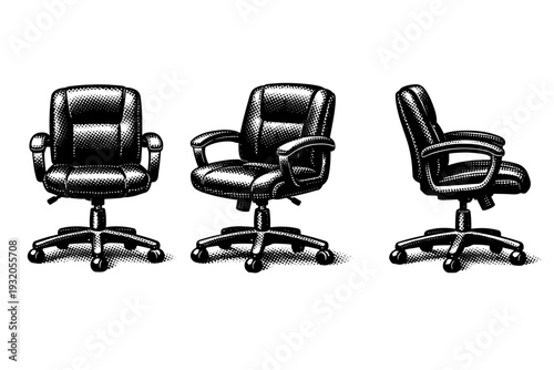 Rolling Office Chair ? Classic swivel office chair presented in straight-on view, three-quarter angle, and full side view, emphasizing armrests, seat