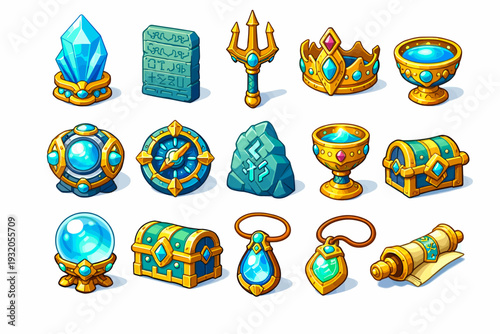 Atlantean Artifacts. Colorful isometric vector icons set of atlantean artifacts: power crystal, engraved tablet, golden trident, ancient crown, energy core,