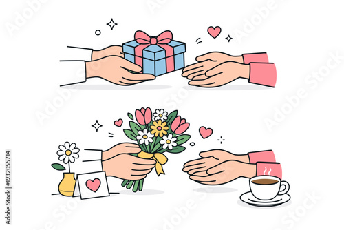 Mother?s Day gift moment. A tidy editorial scene with hands giving flowers or a small gift, conveying gratitude and affection. Calm interaction, simple props,