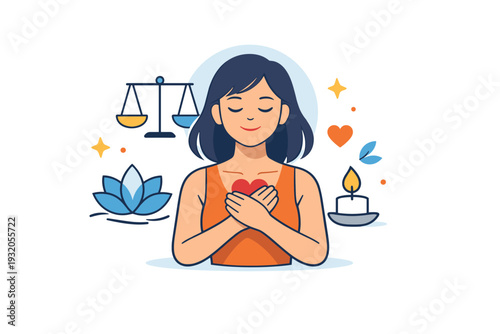 Female empowerment expressing self-care and emotional strength shown through a calm female figure with heart or wellness accents, communicating balance and