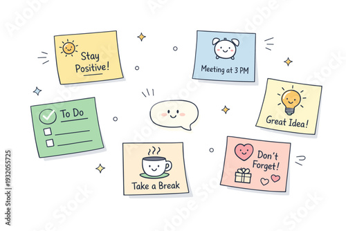 Cute office notes. Sticky notes with small icons and simple smiles, gently floating around a workspace scene. Friendly reminders and lighthearted productivity