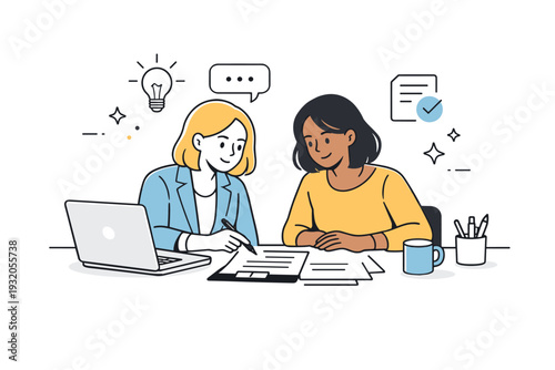 Women in the workplace. Female colleagues collaborating at a desk with documents and a laptop, focused and respectful interaction. Calm productivity and