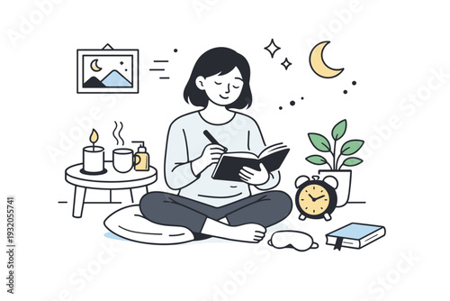 Evening self-care routine. A soft editorial scene with a person winding down in the evening, journaling or preparing for rest, expressing calm closure of the