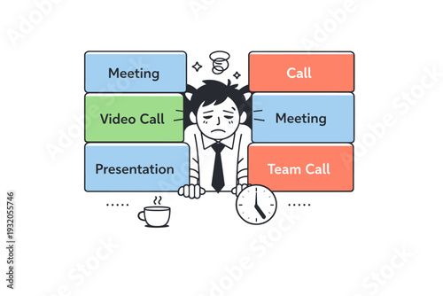 No time between calls. A calendar page where meeting blocks touch edge to edge, with a tired figure squeezed in between. Visual metaphor of compressed workdays