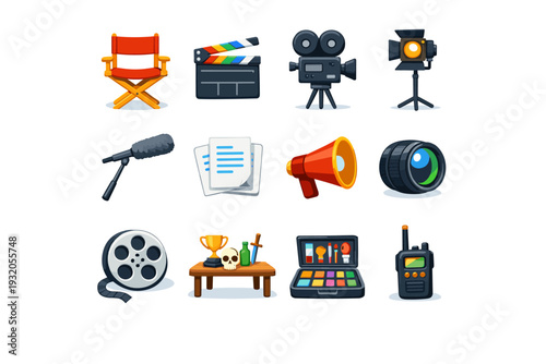 Film Set Props. Colorful flat vector icons set of Film Set Props: director chair, clapperboard, film camera, studio light, boom microphone, script pages,
