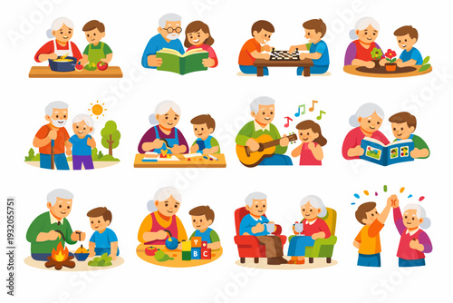intergenerational activities. Colorful flat vector icons set of intergenerational activities: cooking together, reading books, playing chess, gardening