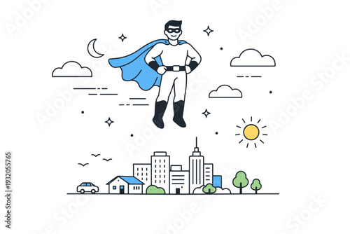Superhero protecting the city from above. A superhero positioned high in the sky, city below appearing safe and orderly. Symbolic feeling of guardianship and