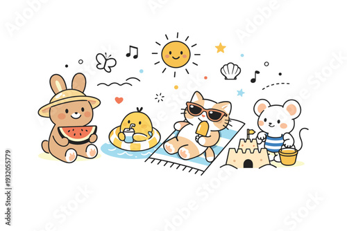 Cute summer animals. A cheerful editorial scene of small animals enjoying warm summer weather together. The mood feels playful and light, with sunshine and