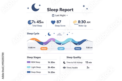 Sleep monitoring app. A night-themed dashboard with moon icons, sleep cycles, and smooth timeline charts. The mood is restful, quiet, and supportive of healthy