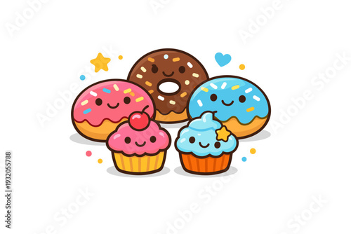 Cute bakery products playful assortment represented by donuts and cupcakes with simple facial expressions and sprinkle accents, suggesting joy and indulgence.