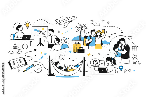 Composition-heavy storytelling illustration. Multiple narrative moments combined in one wide scene, connected by visual cues and abstract elements. Clear