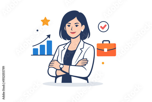 Professional female portrait depicted as a poised woman with simple outfit and geometric accents, communicating confidence leadership and career focused