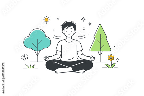 Nature harmony. A person practicing calm breathing among trees, relaxed posture and soft smile. The scene communicates inner peace and harmony with the