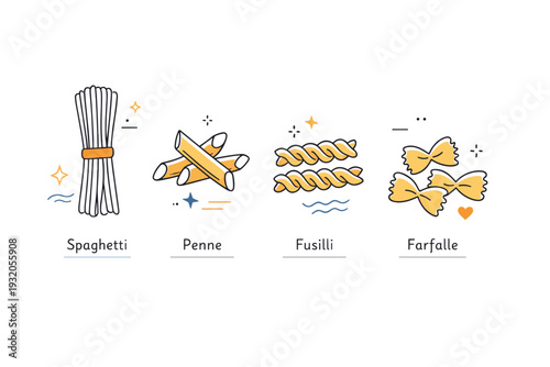 Pasta varieties. A clean layout displaying spaghetti, penne, fusilli and farfalle side by side. Clarity, comparison and visual rhythm, with gentle abstract