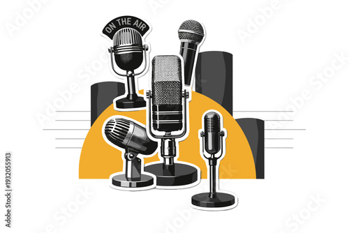 Black and white collection of different vintage microphones (stand mic, handheld mic, classic broadcast mic) arranged vertically like cut-out stickers, layered