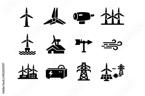 Wind Energy. Solid icon set of Wind Energy: wind turbine tower, turbine blades, nacelle housing, wind farm, offshore turbine, rooftop turbine, wind direction