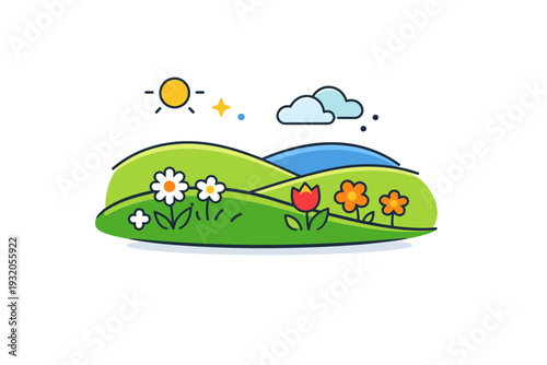 Spring meadow countryside mood expressed with rolling grassy shapes and scattered flowers under a clear sky, evoking simplicity, openness and natural beauty.