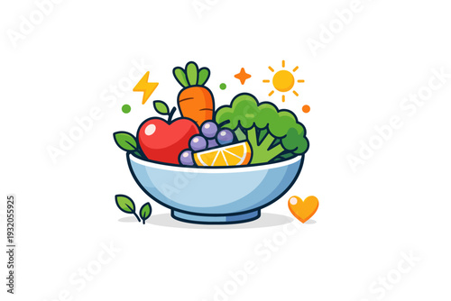 Wellbeing Concept healthy nutrition moment showing a bowl of fresh fruits and vegetables with small herbs and tiny decorative icons, symbolizing energy,