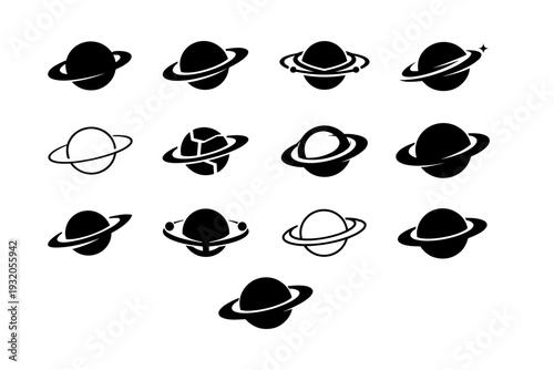 space exploration. Icon set. Set Logo of space exploration: planet with rings. harmonious logo variations of the same emblematic concept, each with different