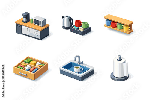 OfficeKitchen. Isometric flat vector icons set of OfficeKitchen: shared kitchenette counter, electric kettle station, mug shelf, tea supply drawer, sink with