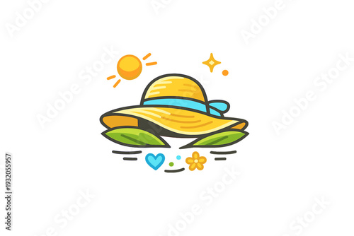 Summer hat illustrated as a protective accessory under soft sun rays, expressing care, wellbeing, and mindful enjoyment of warm weather. A calm and reassuring