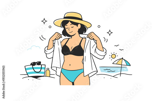 Beachwear style. A simple scene showing a person adjusting a light shirt over swimwear, relaxed and confident. The illustration focuses on seasonal fashion and