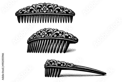 Antique hair comb An antique hair comb rendered as a single object, displayed in top, three-quarter, and side views with historically accurate form and