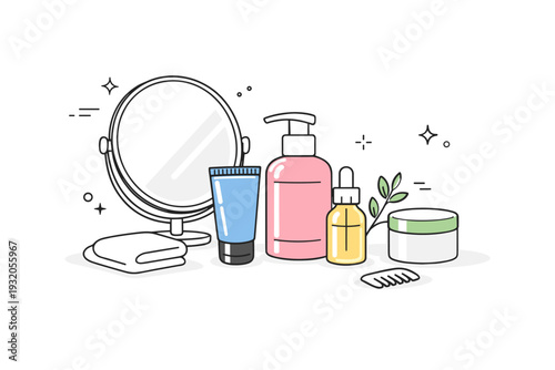 Morning beauty routine. Cosmetic bottles arranged near a mirror with gentle reflections, quiet start of the day. Fresh, calm mood and simple self-care ritual.