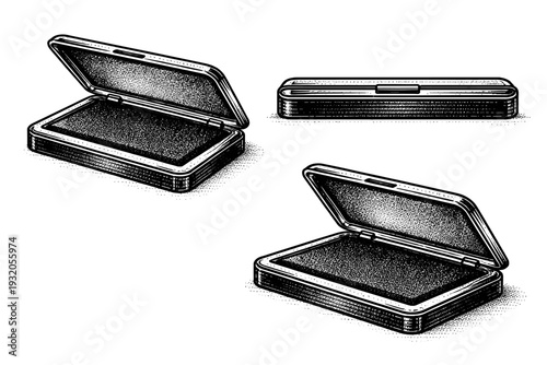 Ink stamp pad corner A detailed corner of a vintage ink stamp pad presented as a single object in three views including close-up angles, side, and slightly