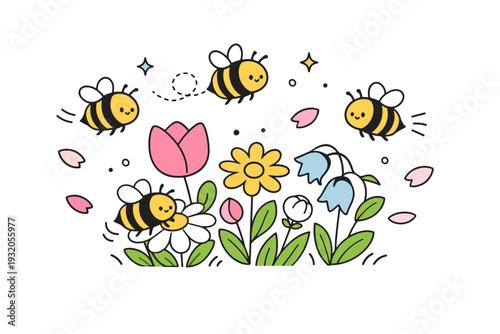 Bee interaction with flower garden. A small cluster of bees hovering and landing around diverse spring flowers, showing cooperative and lively activity, petals