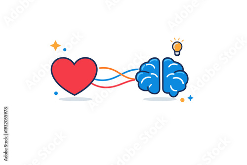 Human emotions represented by a heart and mind connected with gentle lines, expressing the balance between feelings and thoughts in everyday decisions. A