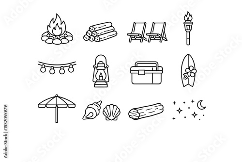 Beach Bonfire Party. Line icon set of Beach Bonfire Party: bonfire pit, stacked firewood, beach chairs, tiki torch, string lights, lantern, cooler box,