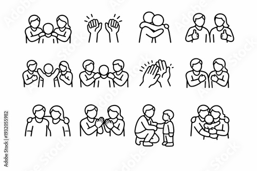 Emotional encouragement. Line icon set of Emotional encouragement: parents motivating child, cheering gesture, emotional support hug, parents