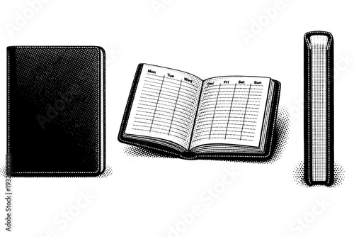 Calendar planner book A realistic calendar planner book closed and partially opened shown in three views: closed front view, open angled view, and spine view,